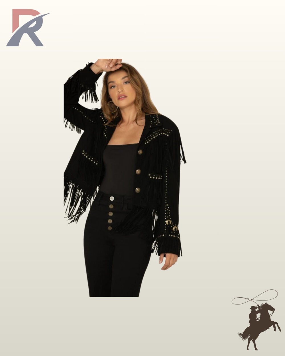Women's black suede cowgirl jacket adorned with silver studs on lapels, chest panels, and lower pockets, styled over a black top and high-waisted jeans.