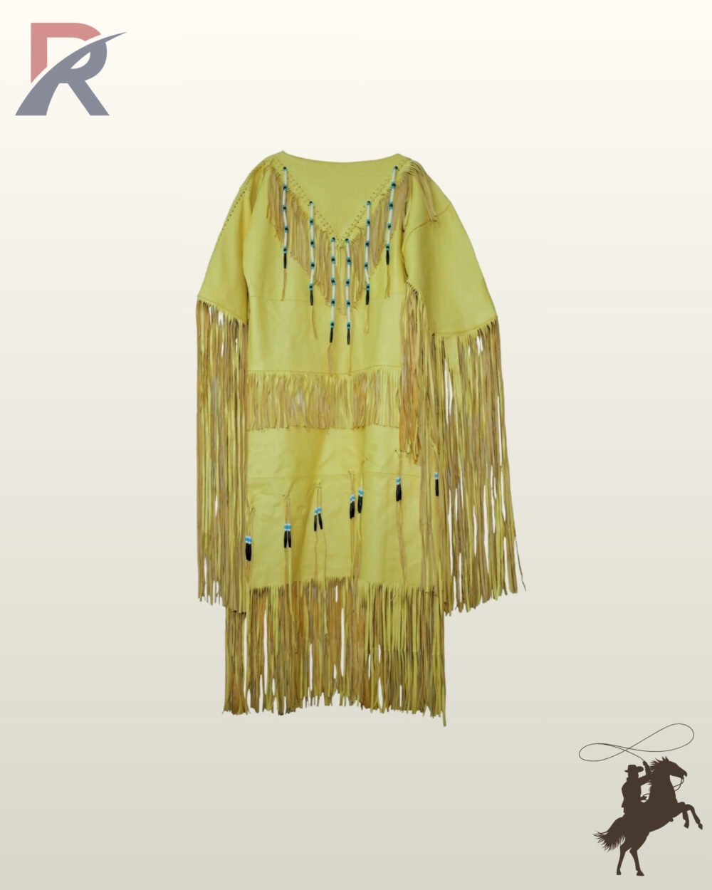 Native American style bright yellow suede fringe coat displaying V-neck chest beadwork, tiered waist fringe, and full-length sleeve fringe.