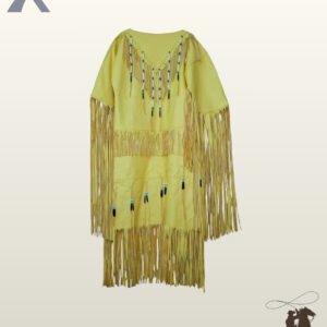 Native American style bright yellow suede fringe coat displaying V-neck chest beadwork, tiered waist fringe, and full-length sleeve fringe.