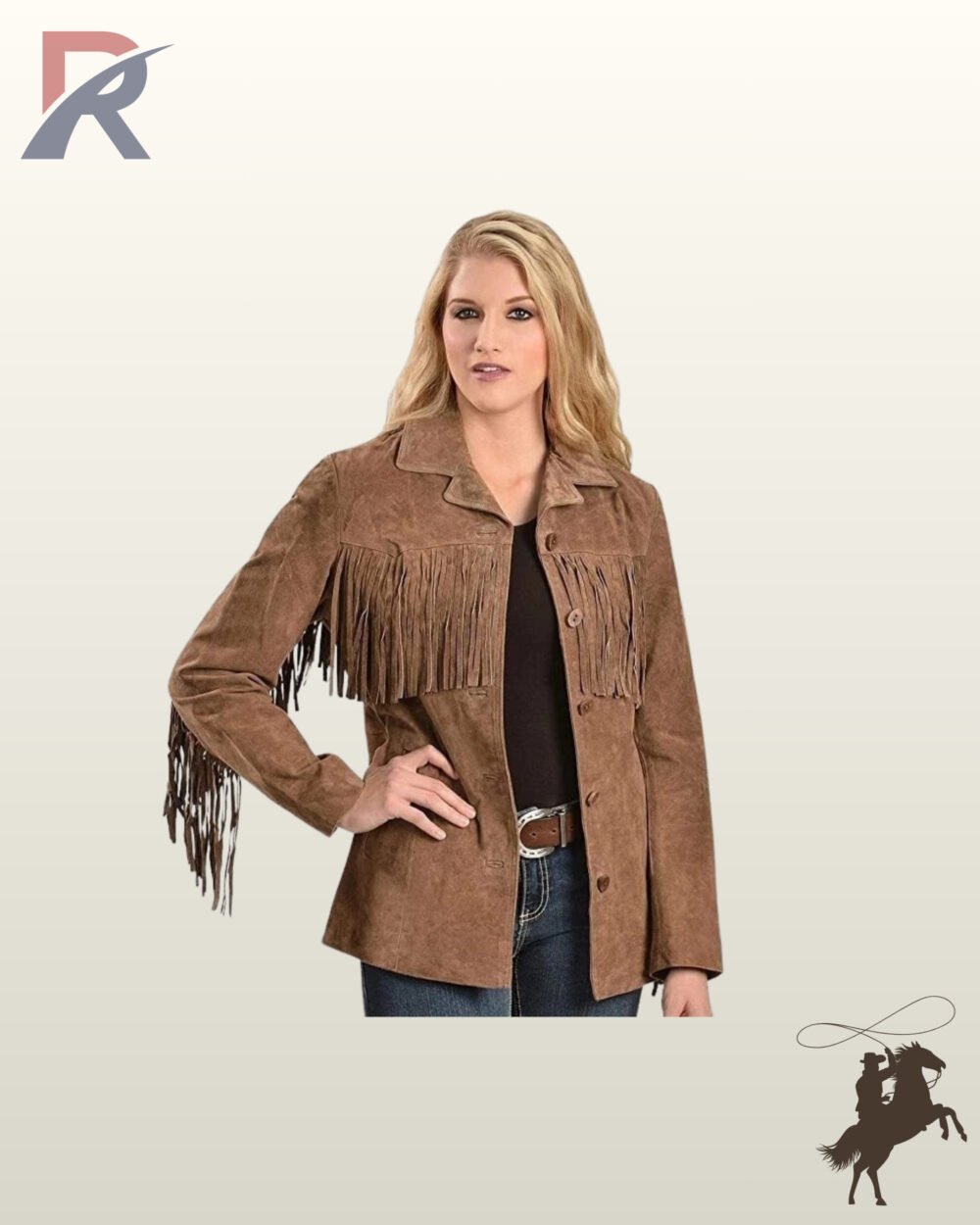 Women's brown suede cowgirl coat featuring chest fringe trim, notch lapel collar, button closures, and sleeve tassels.