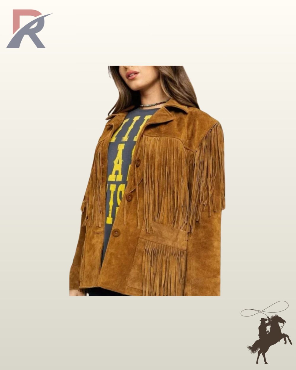 Women's cognac suede cowgirl coat featuring double-tier chest and pocket fringe, button front closure, and shoulder seam fringe.