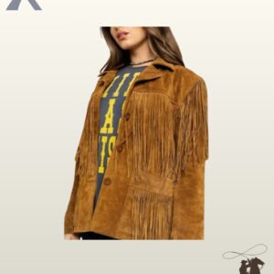 Women's cognac suede cowgirl coat featuring double-tier chest and pocket fringe, button front closure, and shoulder seam fringe.
