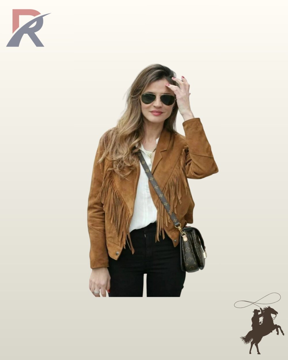 Women's cognac brown suede cowgirl jacket featuring V-yoke chest fringe, notched lapels, and snap cuff details.
