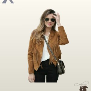Women's cognac brown suede cowgirl jacket featuring V-yoke chest fringe, notched lapels, and snap cuff details.