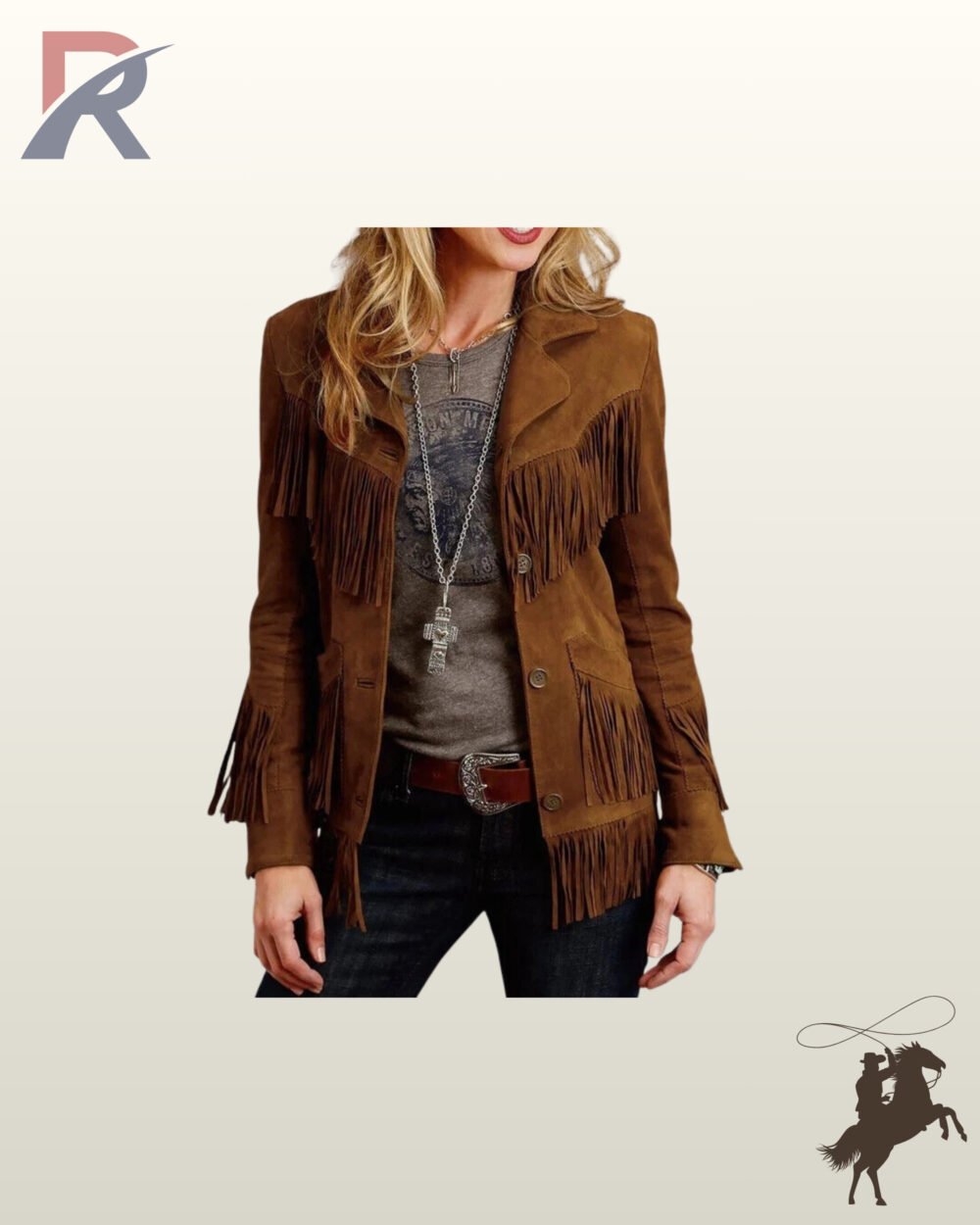 Women's cognac suede cowgirl jacket showcasing fringed lower pockets, bottom hem fringe, notched collar, and cross necklace over a graphic tee.