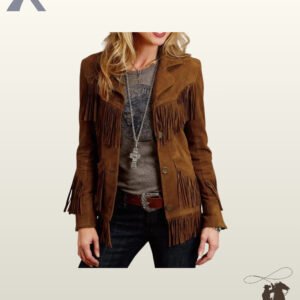 Women's cognac suede cowgirl jacket showcasing fringed lower pockets, bottom hem fringe, notched collar, and cross necklace over a graphic tee.