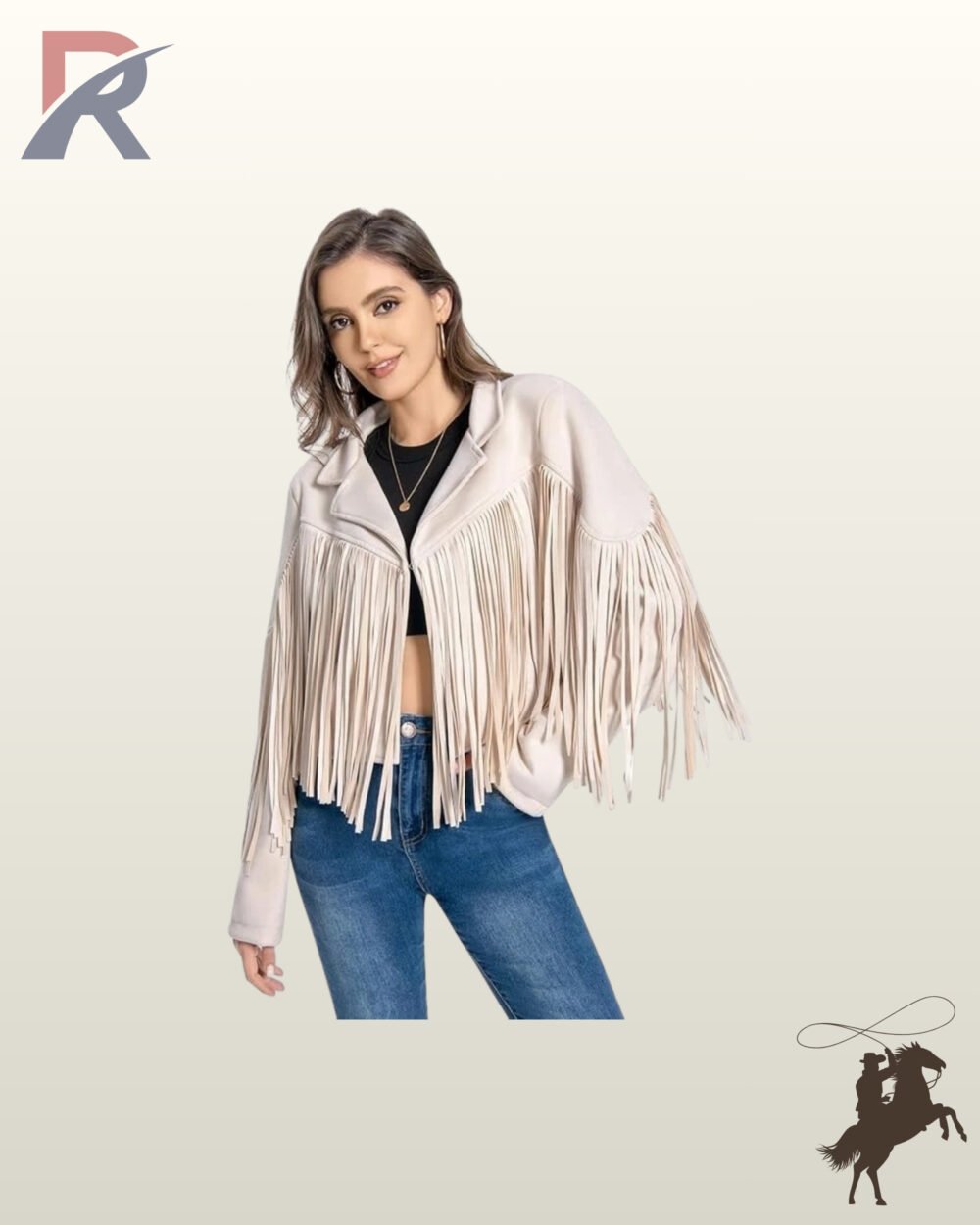 Women's cream suede cropped cowgirl fringe jacket featuring wide notched lapels, long chest fringe, and sleeve tassels.