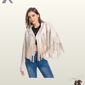 Women's cream suede cropped cowgirl fringe jacket featuring wide notched lapels, long chest fringe, and sleeve tassels.