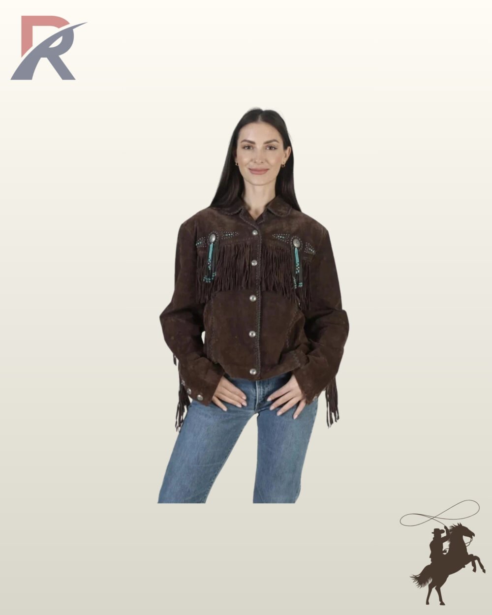 Women's dark brown suede cowgirl jacket showcasing chest yokes with fringe, silver studs, turquoise bead accents, and denim jean styling.