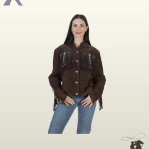 Women's dark brown suede cowgirl jacket showcasing chest yokes with fringe, silver studs, turquoise bead accents, and denim jean styling.