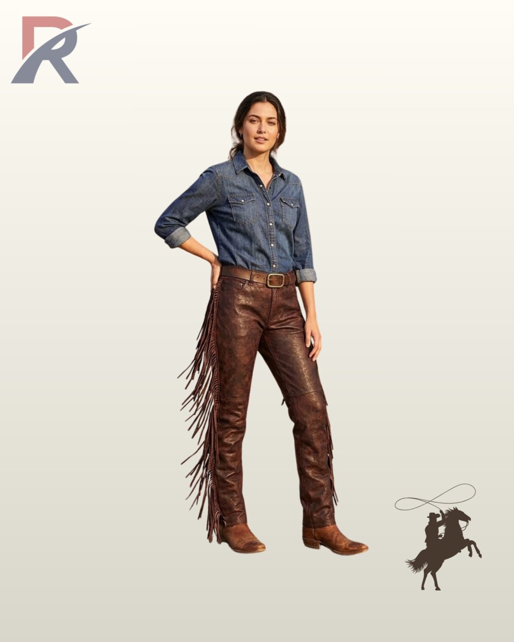 Women's handcrafted western cowgirl pants made from distressed brown leather featuring long side fringe and a front belt buckle.