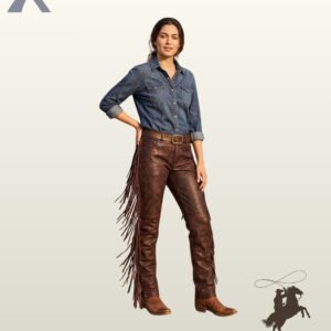 Women's handcrafted western cowgirl pants made from distressed brown leather featuring long side fringe and a front belt buckle.
