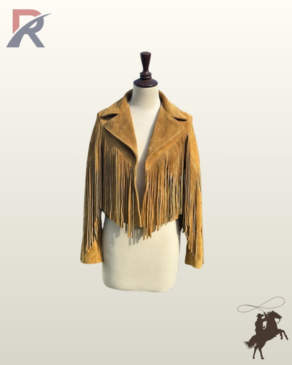 Women's cropped mustard yellow suede cowgirl coat featuring wide notch lapels, open front design, and long sleeve tassels.