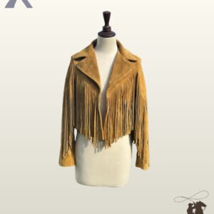 Women's cropped mustard yellow suede cowgirl coat featuring wide notch lapels, open front design, and long sleeve tassels.