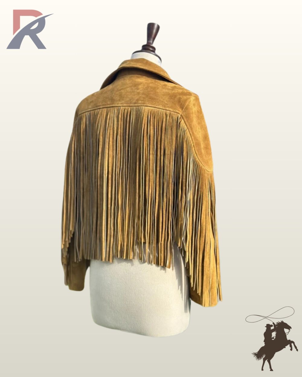 Back profile of a women's mustard yellow suede cowgirl coat featuring full back yoke fringe, sleeve tassels, and fold-over collar.