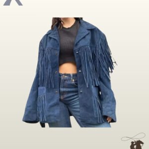 Women's navy blue suede cowgirl jacket featuring chest fringe panels, fringed front patch pockets, notched lapels, and snap buttons.