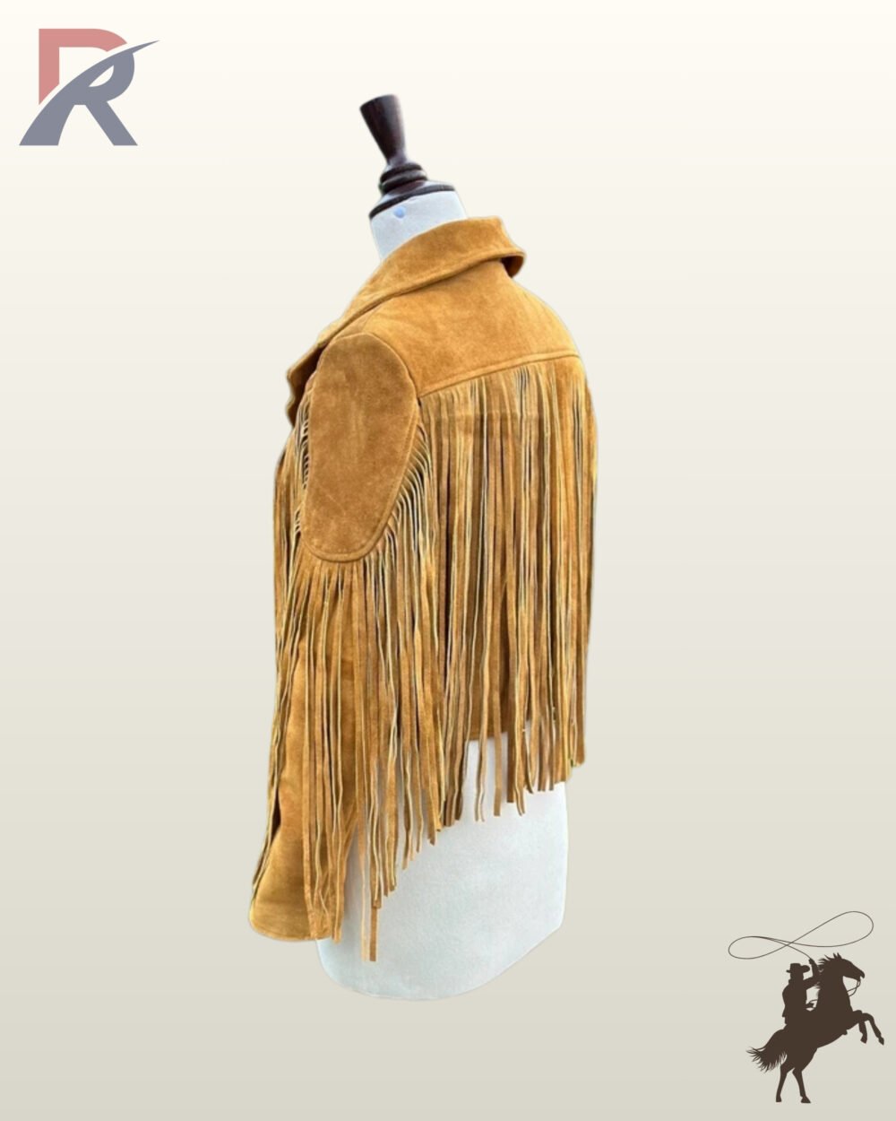 Side profile view of a women's mustard yellow suede western jacket on a dress form showcasing oval shoulder patches and long sleeve fringe.