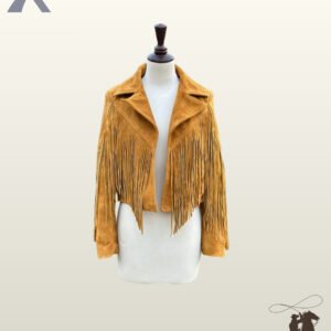 Front view of an open mustard yellow suede cropped western jacket on a dress form mannequin featuring deep V-yoke chest fringe.