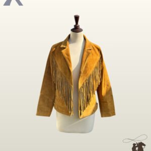 Women's ocher suede cowgirl fringe jacket displayed on a dress form with open front styling, lapels, and waist tab details.