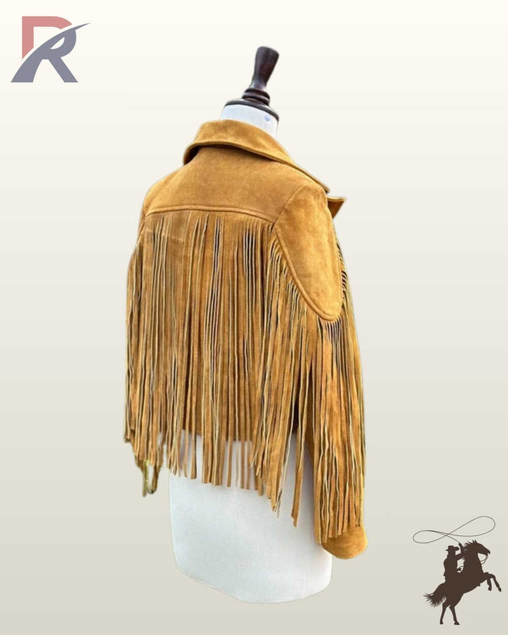 Rear three-quarter view of a mustard yellow suede western jacket on a mannequin displaying a straight back yoke with cascading fringe.