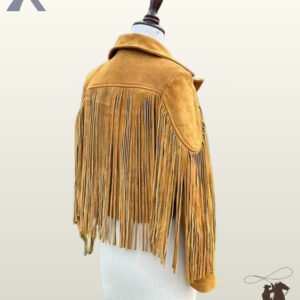 Rear three-quarter view of a mustard yellow suede western jacket on a mannequin displaying a straight back yoke with cascading fringe.