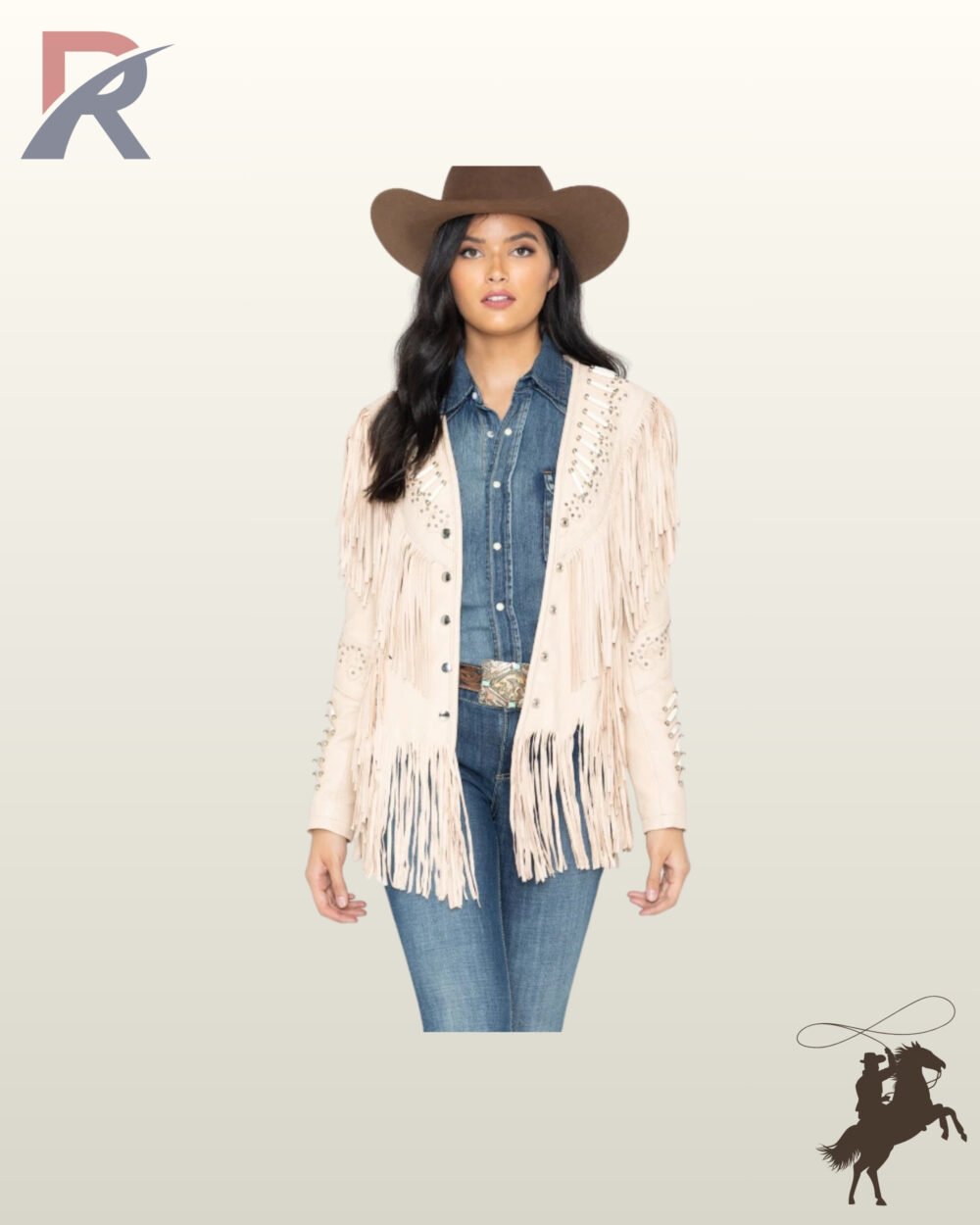 Women's off-white suede cowgirl coat featuring V-yoke bone bead detailing, studded lapels, and cascading chest and hem fringe.