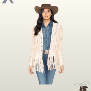 Women's off-white suede cowgirl coat featuring V-yoke bone bead detailing, studded lapels, and cascading chest and hem fringe.