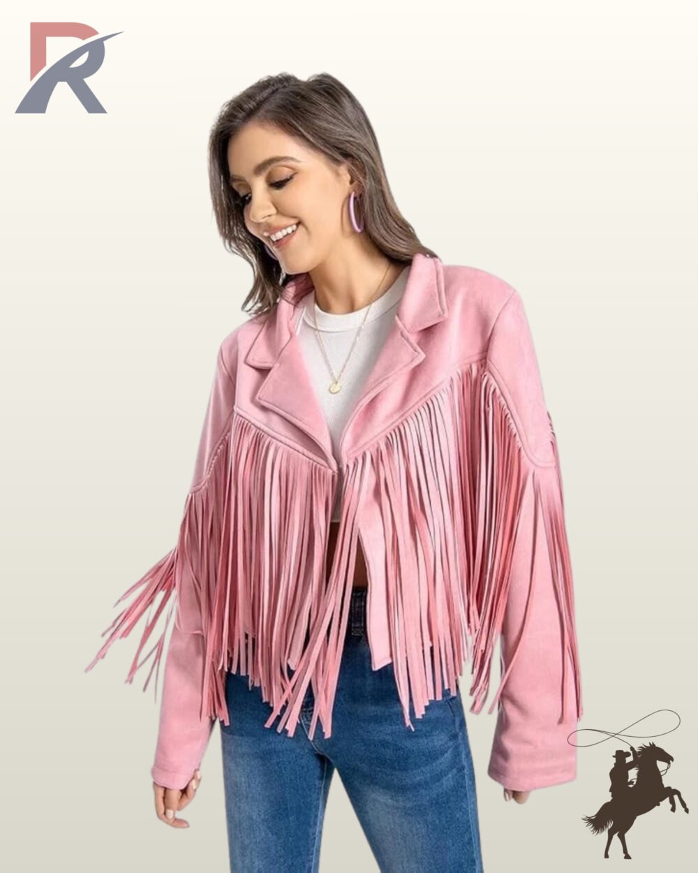 Front view of a model wearing a women's pink suede cropped western fringe jacket styled over a white t-shirt and blue jeans.