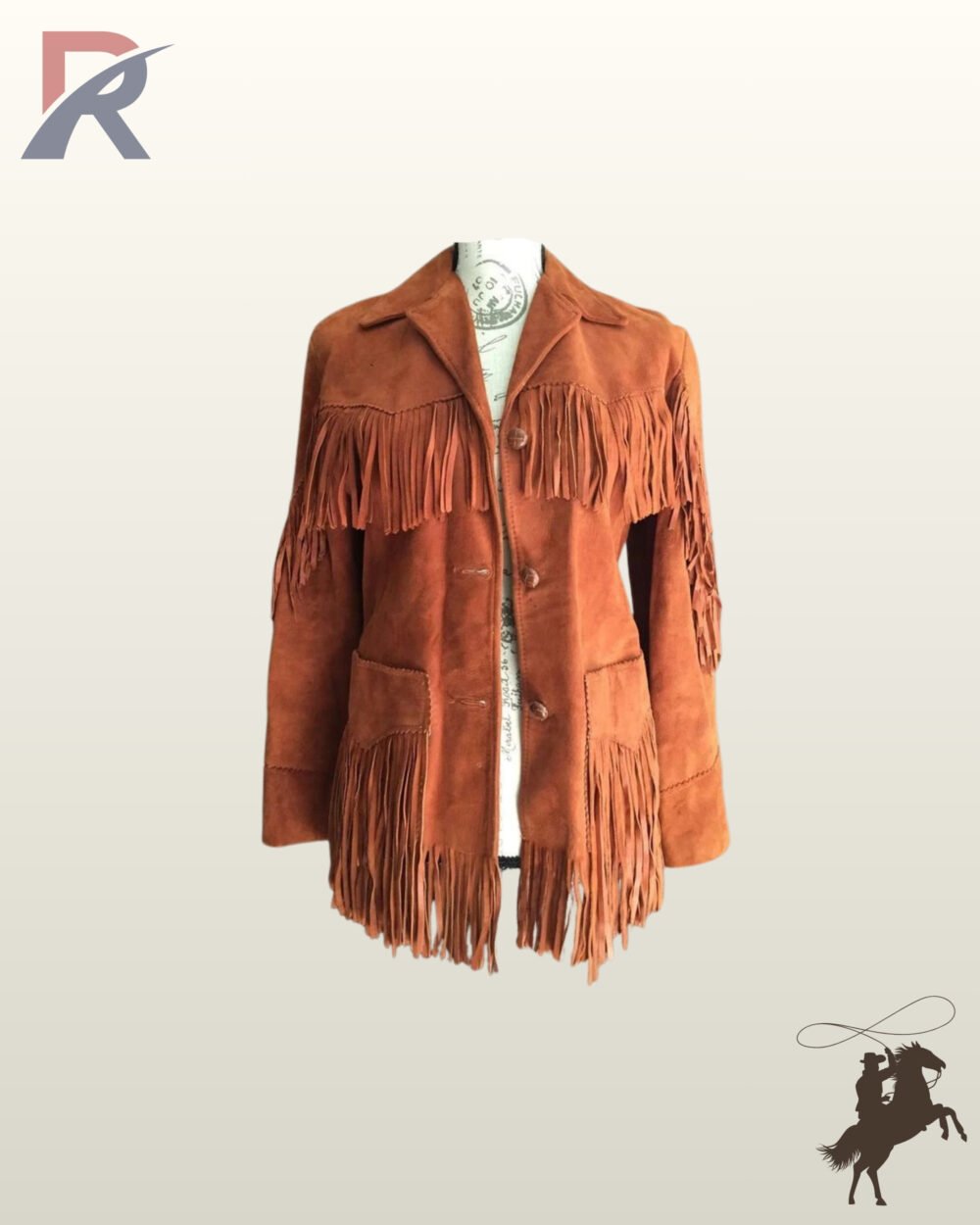Women's rust brown suede cowgirl coat showcasing V-yoke chest fringe, fringed patch pockets, notched collar, and a fringed bottom hem.