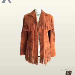 Women's rust brown suede cowgirl coat showcasing V-yoke chest fringe, fringed patch pockets, notched collar, and a fringed bottom hem.