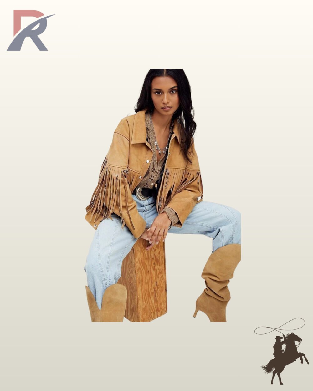 Women's camel tan suede cowgirl jacket featuring silver snap buttons, chest fringe, and sleeve tassels paired with western accessories.