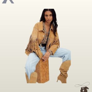 Women's camel tan suede cowgirl jacket featuring silver snap buttons, chest fringe, and sleeve tassels paired with western accessories.