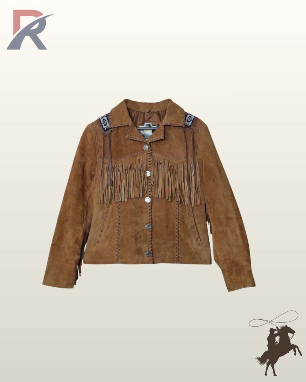 Women's tan suede cowgirl coat with woven beadwork shoulder panels, front chest fringe, fold-over collar, and whipstitched pocket details.