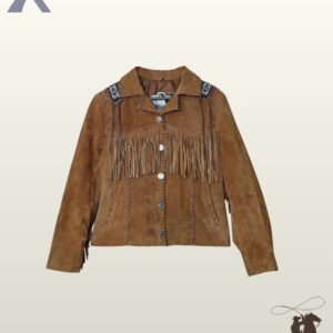 Women's tan suede cowgirl coat with woven beadwork shoulder panels, front chest fringe, fold-over collar, and whipstitched pocket details.
