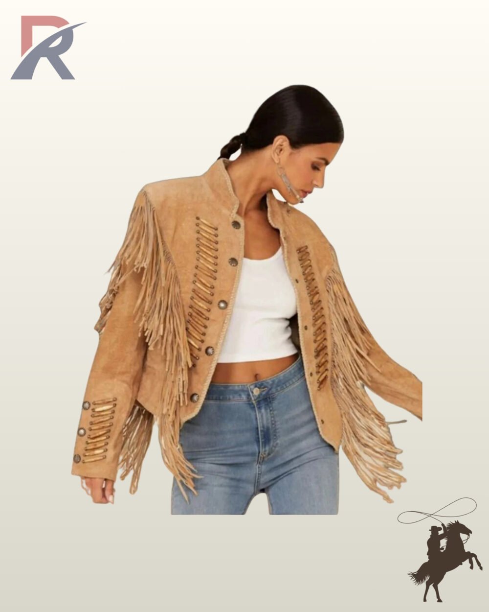 Women's Native American style tan suede cowgirl coat featuring bone bead embellishments, silver concho buttons, and sleeve tassels.
