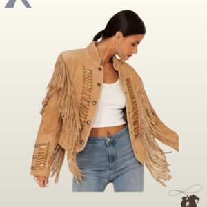 Women's Native American style tan suede cowgirl coat featuring bone bead embellishments, silver concho buttons, and sleeve tassels.