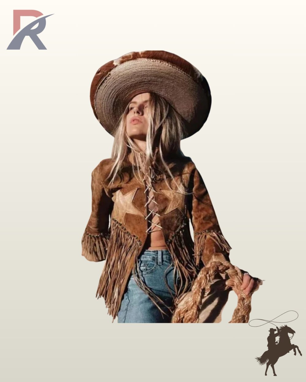 Front view of a blonde model wearing a tan suede western jacket with twin chest star appliques, lace-up front, studded waist fringe, and a wide-brim sombrero.