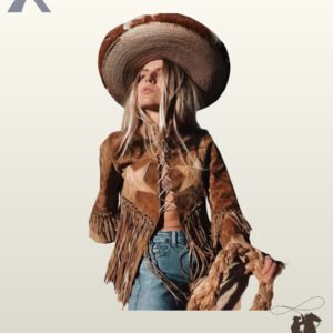 Front view of a blonde model wearing a tan suede western jacket with twin chest star appliques, lace-up front, studded waist fringe, and a wide-brim sombrero.