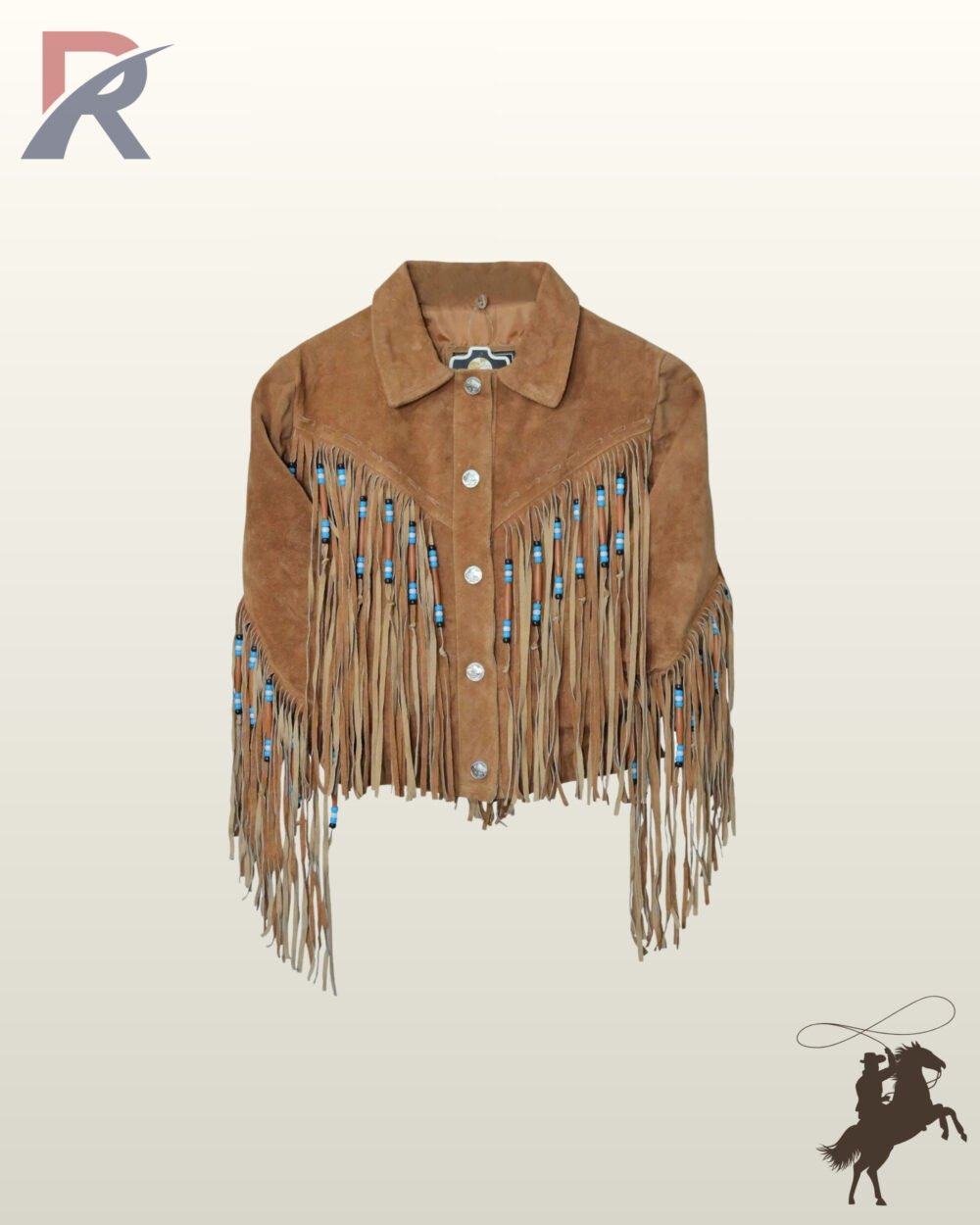 Native American style women's tan suede cowgirl coat with fold-over collar, silver snap closure, and long beaded chest and sleeve fringe.