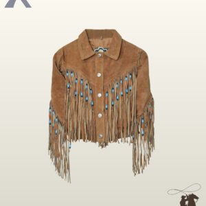 Native American style women's tan suede cowgirl coat with fold-over collar, silver snap closure, and long beaded chest and sleeve fringe.