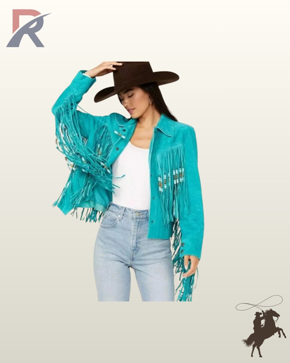 Women's turquoise blue suede fringe jacket featuring bone pipe bead accents, sleeve tassels, and button closures.