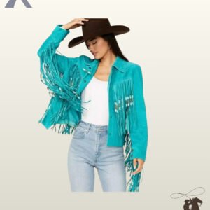 Women's turquoise blue suede fringe jacket featuring bone pipe bead accents, sleeve tassels, and button closures.