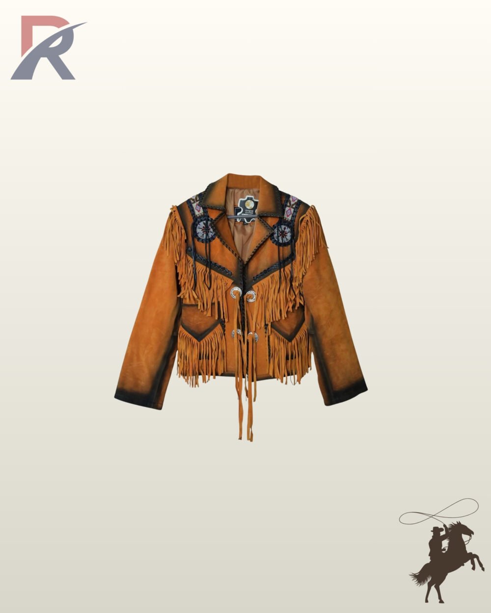 Women's Native American style distressed suede cowgirl jacket featuring black burnished edges, double-tier chest and pocket fringe, and beaded shoulder epaulets.