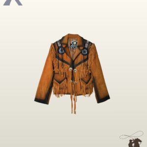 Women's Native American style distressed suede cowgirl jacket featuring black burnished edges, double-tier chest and pocket fringe, and beaded shoulder epaulets.