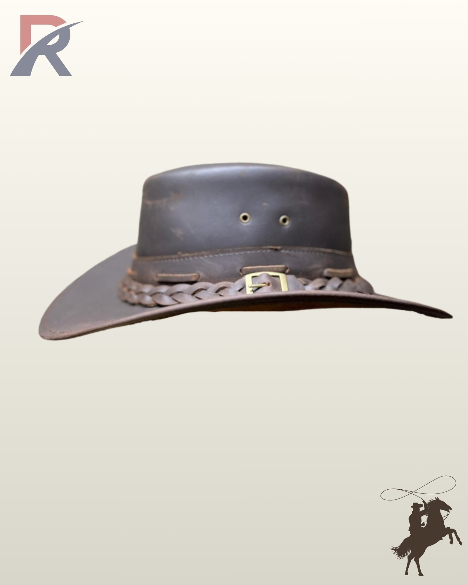 Side profile view of a dark brown distressed leather western outback cowboy hat featuring brass ventilation eyelets and a thick woven leather hatband.