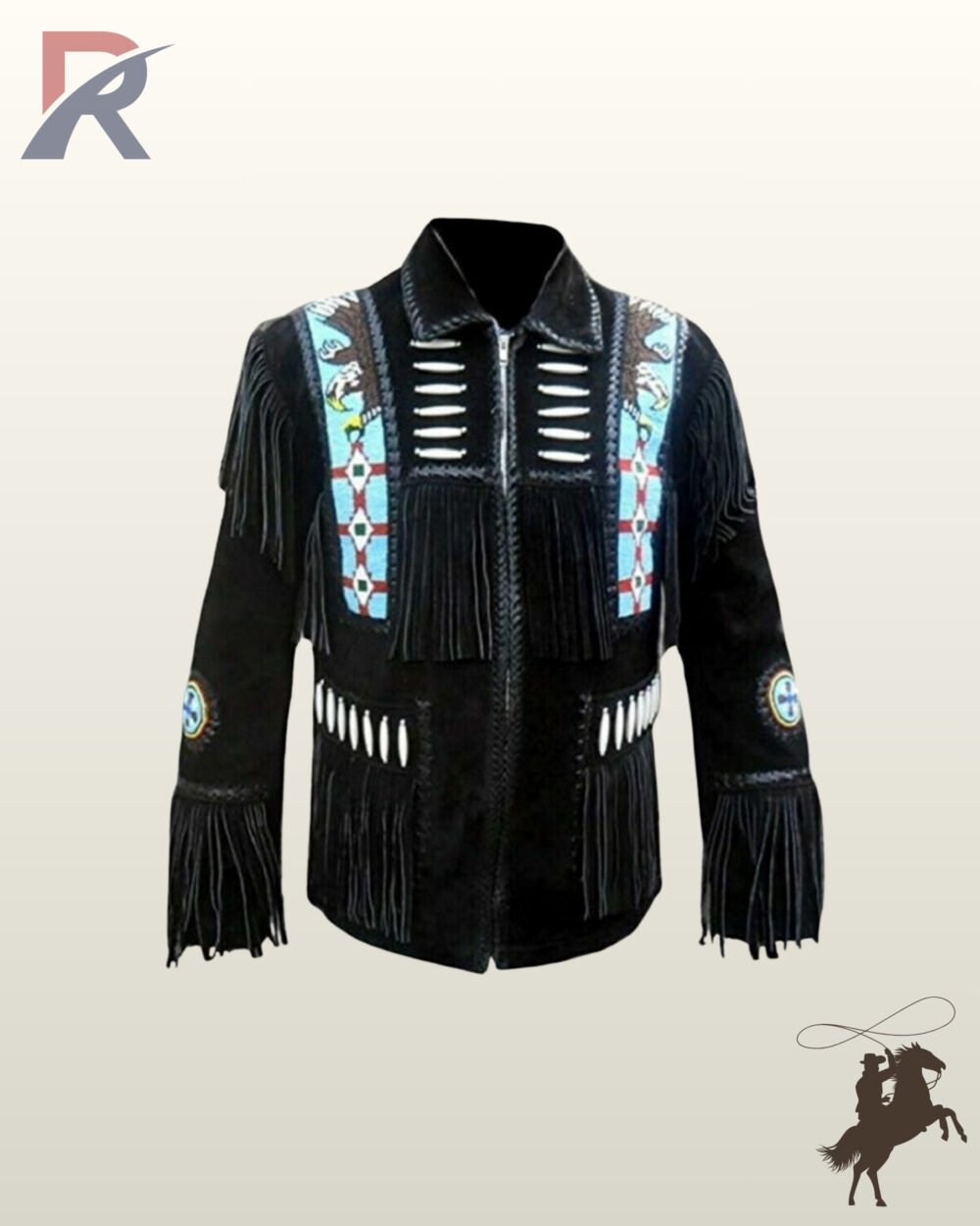 Front view of a men's black suede western jacket featuring eagle beaded shoulder strips, bone pipe beads, chest fringe panels, and full zipper closure.