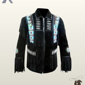 Front view of a men's black suede western jacket featuring eagle beaded shoulder strips, bone pipe beads, chest fringe panels, and full zipper closure.