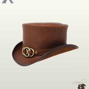 Three-quarter angle of a handcrafted tan leather western top hat featuring an antiqued brass ring hatband and stitched brim edge.