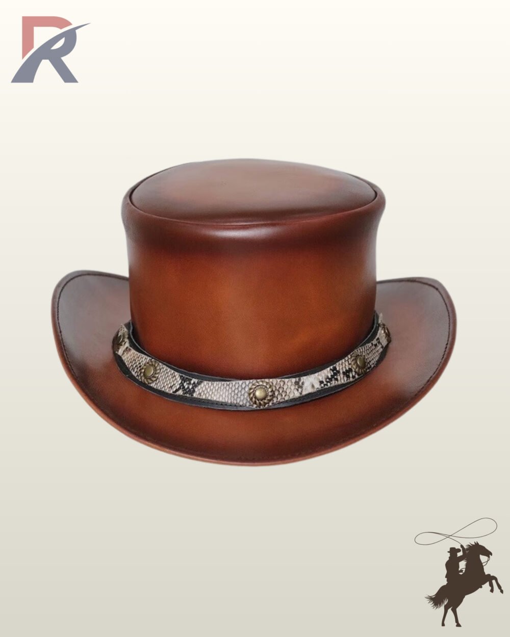 Front view of a brown leather steampunk top hat featuring a python snakeskin leather hatband with brass concho studs.