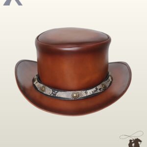 Front view of a brown leather steampunk top hat featuring a python snakeskin leather hatband with brass concho studs.